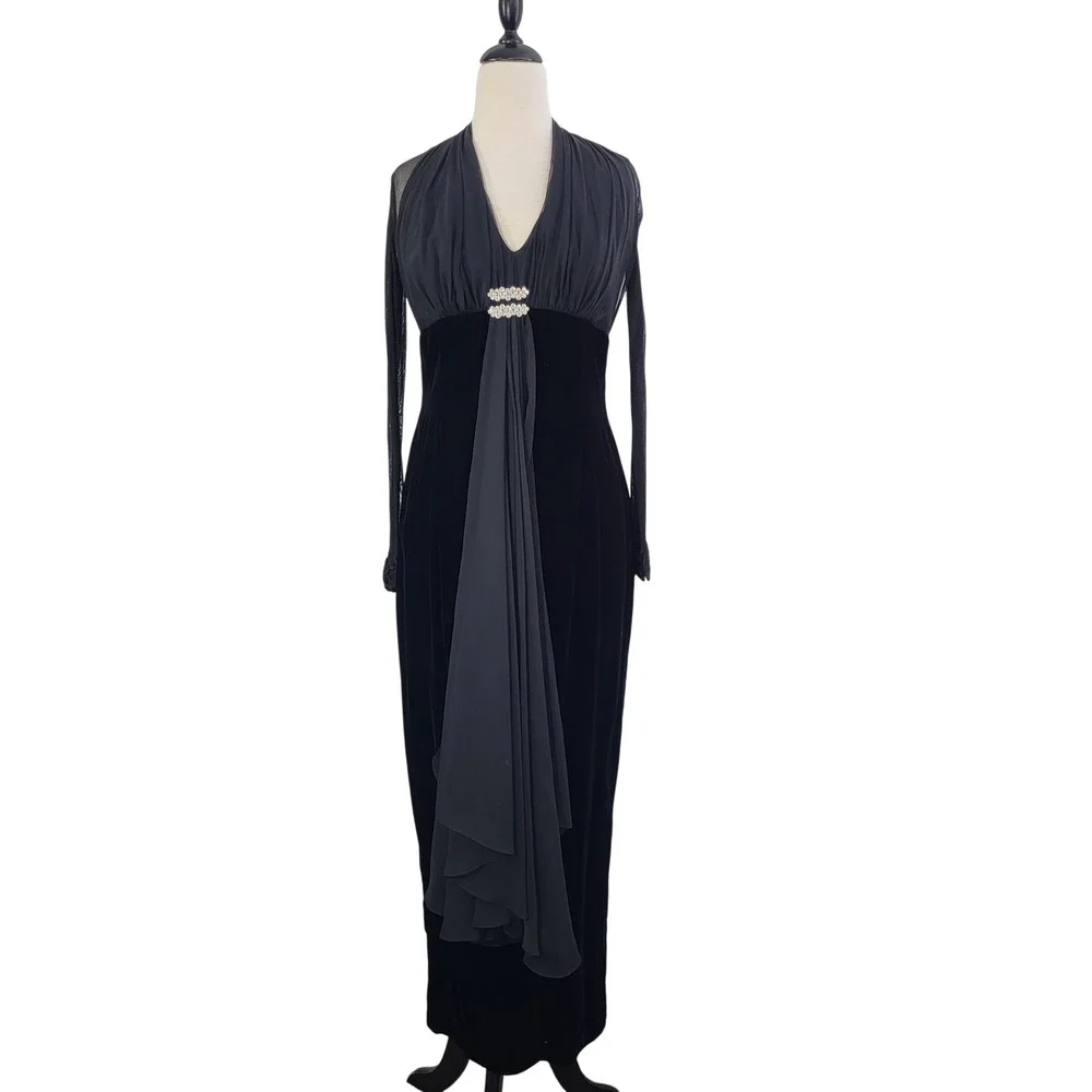 Vintage 90s Jessica McClintock Black Velvet Rhinestone Formal Gown Size 12 USA‎